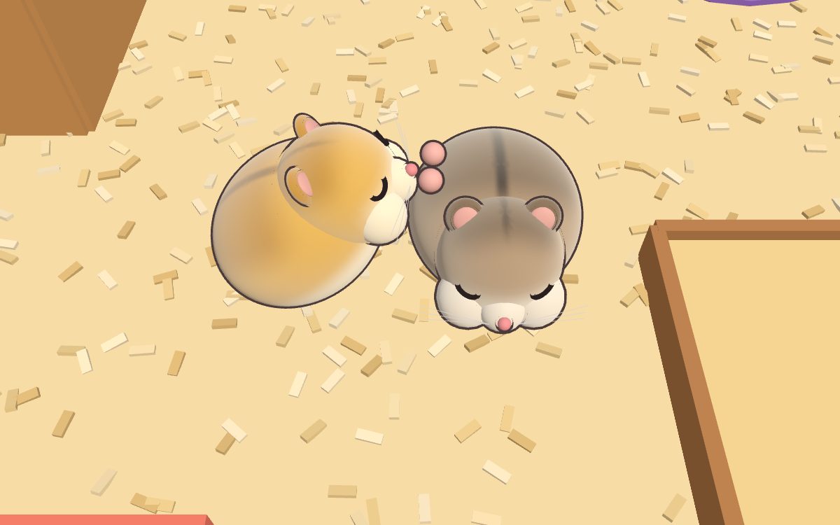 A golden hamster grooms an agouti one in Nibbly; the agouti one closes its eyes with pleasure.
