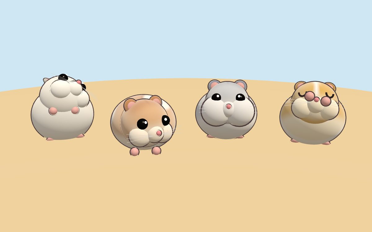 Cuatro hámsters de Nibbly de colores distintos, uno al lado del otro: blanco, canela con manchas, zafiro y dorado.