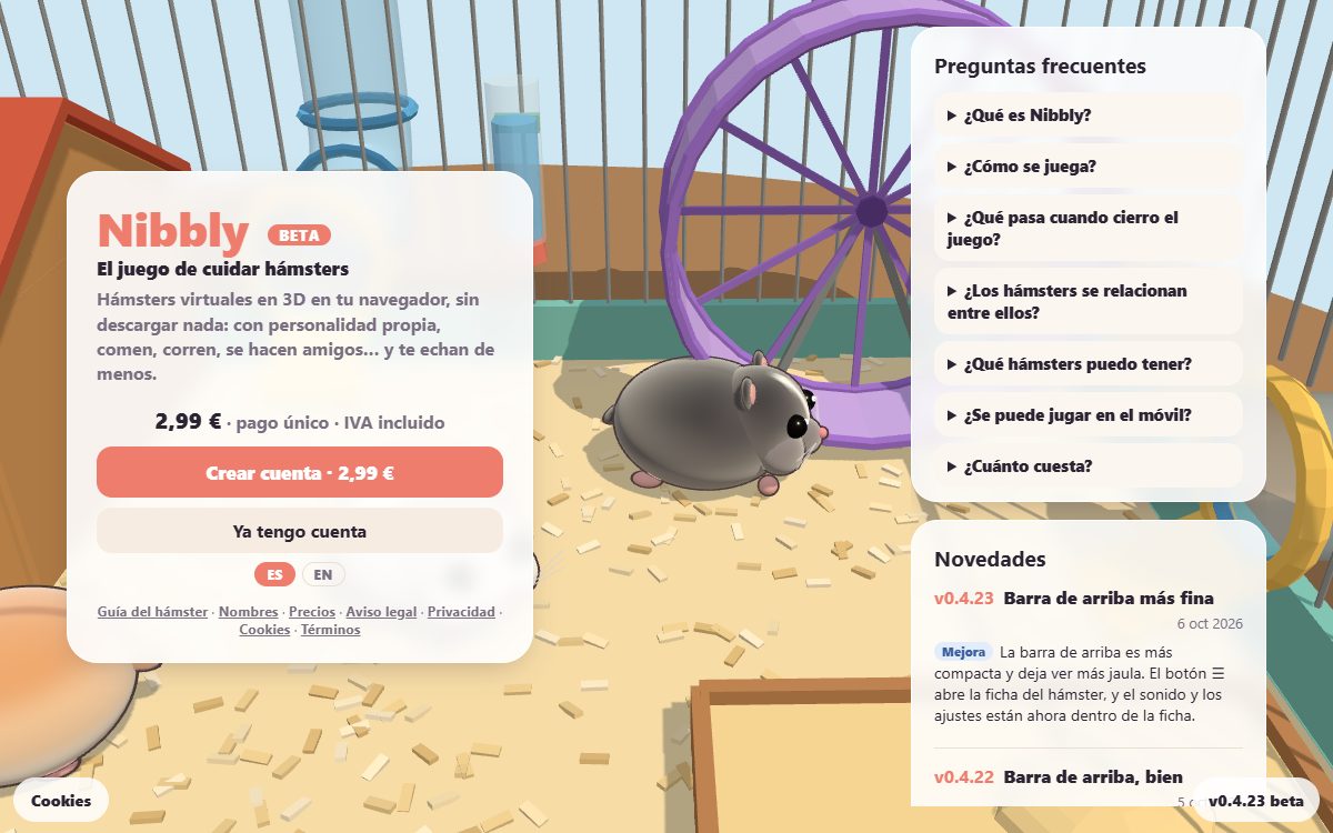 La jaula de Nibbly en 3D, con sus hámsters, vista desde la portada del juego.