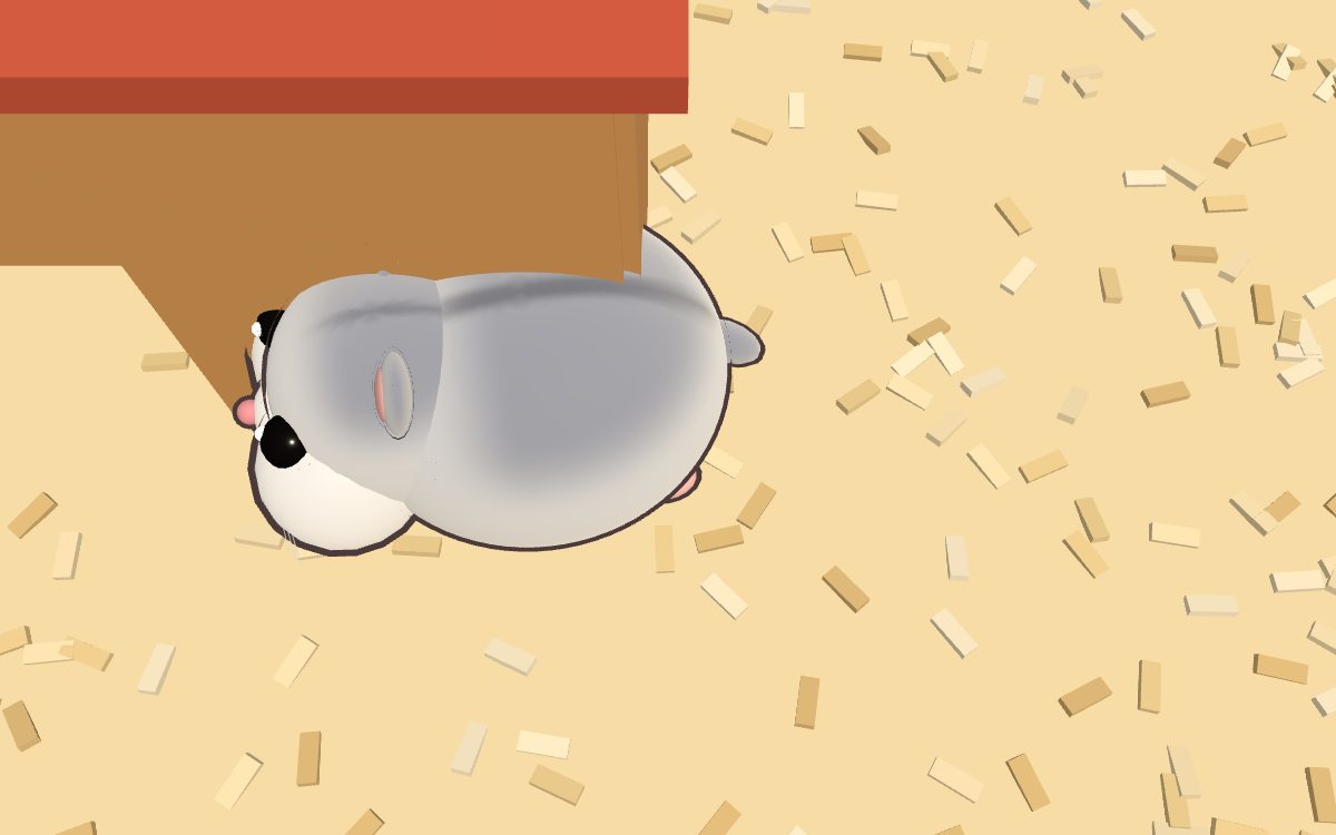 Sapphire Russian dwarf hamster asleep, lying beside its house in Nibbly.