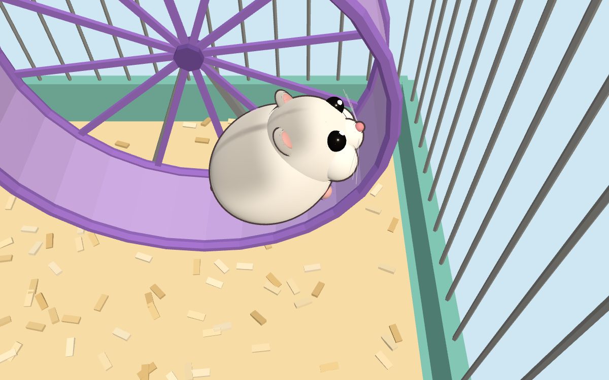 White hamster running in the purple wheel to burn off what it ate, in Nibbly.